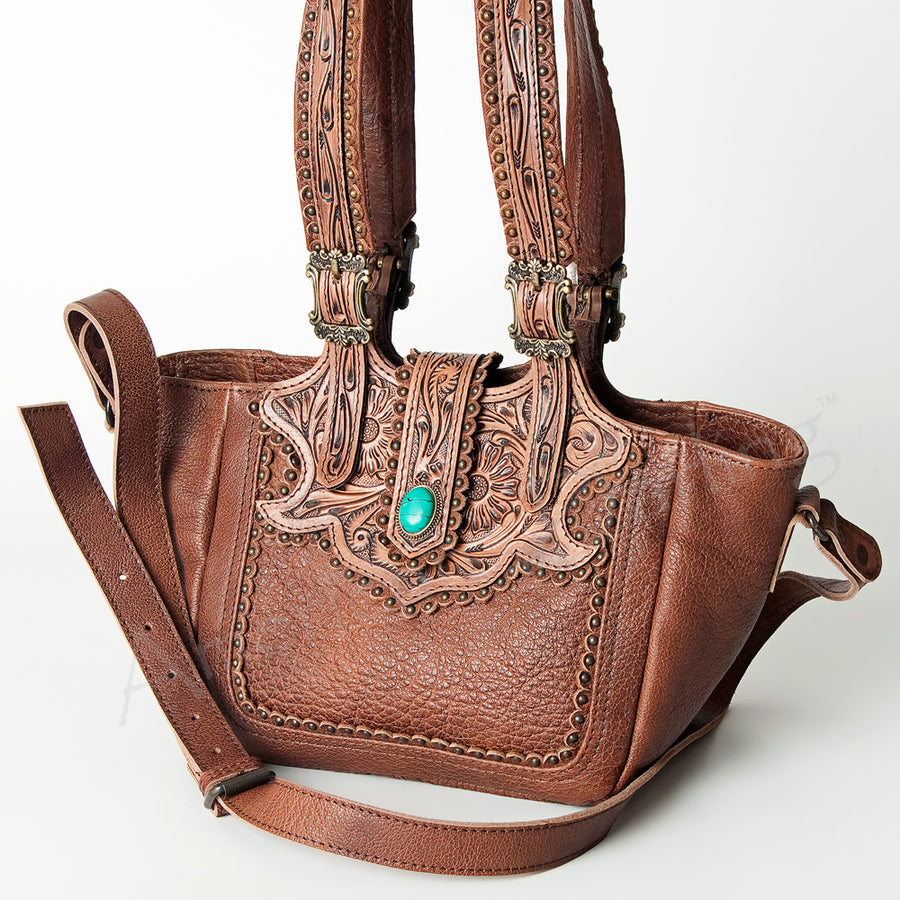 American Darling Handcrafted Hand Tooled Leather Tote Bag with Turquoise Concho - Uhorse