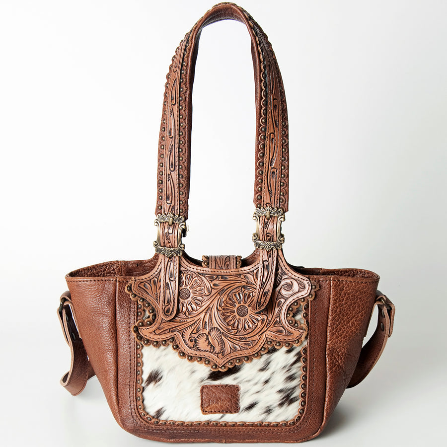 American Darling Tote Bag Western Hand Tooled Floral Genuine Leather Purse with Turquoise Concho & Rivetted Detail for Women
