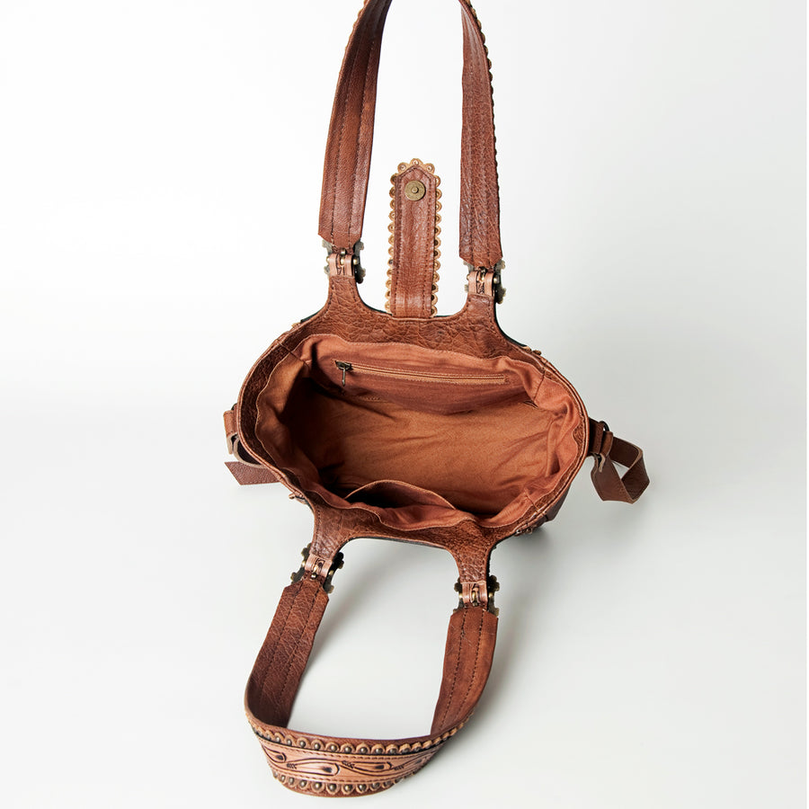 American Darling Tote Bag Western Hand Tooled Floral Genuine Leather Purse with Turquoise Concho & Rivetted Detail for Women
