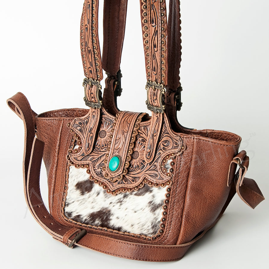 American Darling Handcrafted Floral Tooled Leather and Cowhide Tote Bag - Uhorse