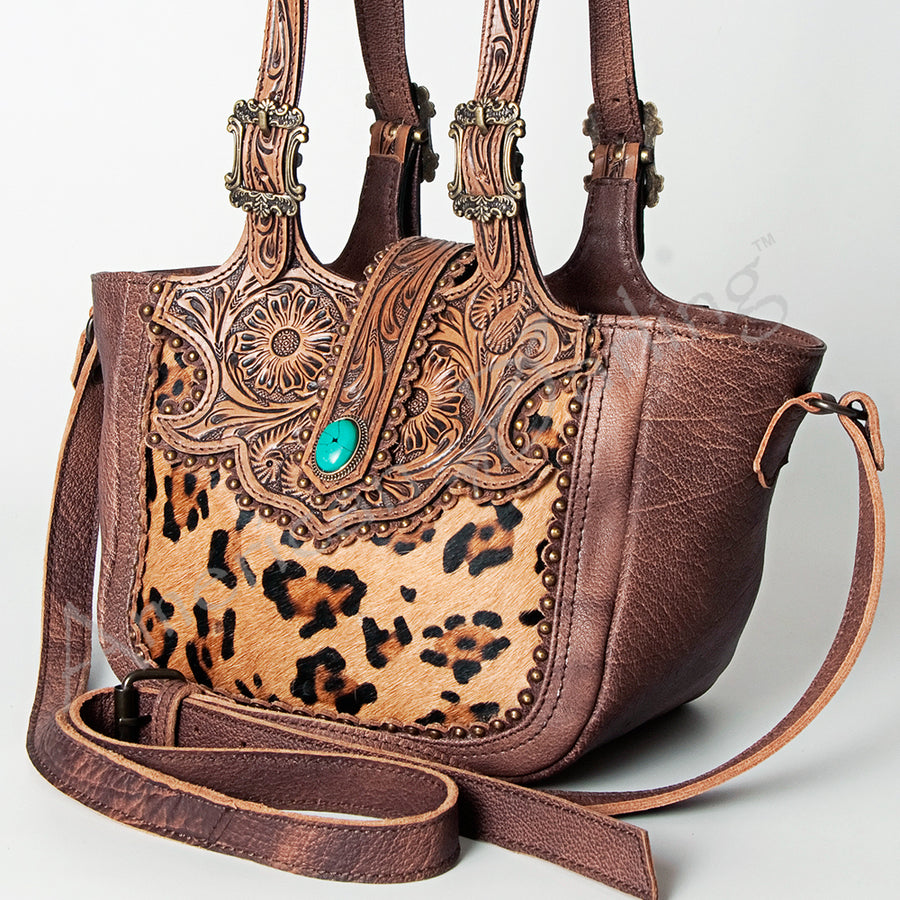 American Darling Handcrafted Floral Tooled Leather and Cowhide Tote Bag - Uhorse