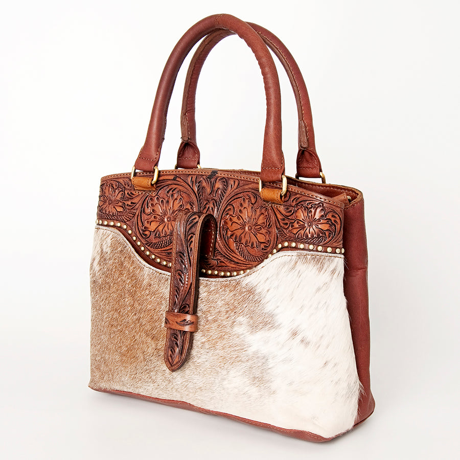 American Darling Western Hand-Tooled Floral Tote Bag - Cowhide Leather Purse - Uhorse