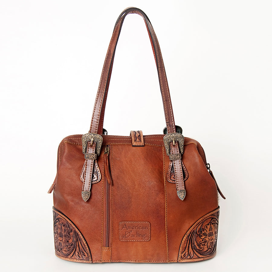 American Darling Tote Bag, Hand-Tooled Floral Western Leather Purse, Hair-On Cowhide Pattern, 10in (H) X 15in (W) X 5.5in (D)