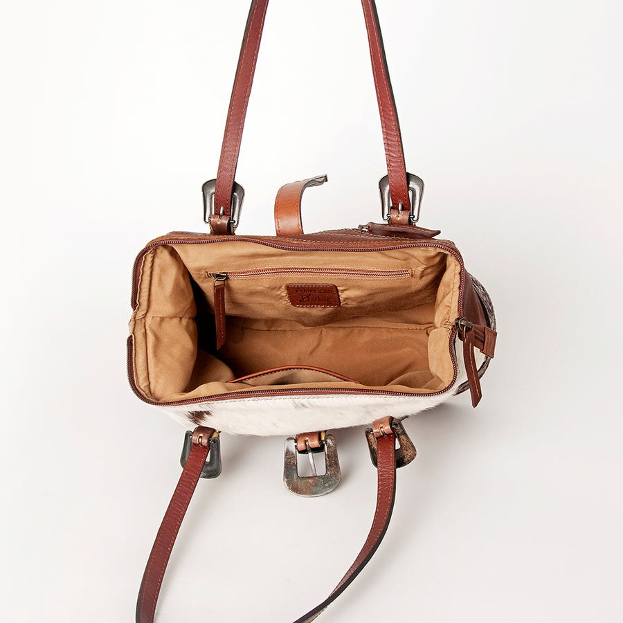 American Darling Tote Bag, Hand-Tooled Floral Western Leather Purse, Hair-On Cowhide Pattern, 10in (H) X 15in (W) X 5.5in (D)