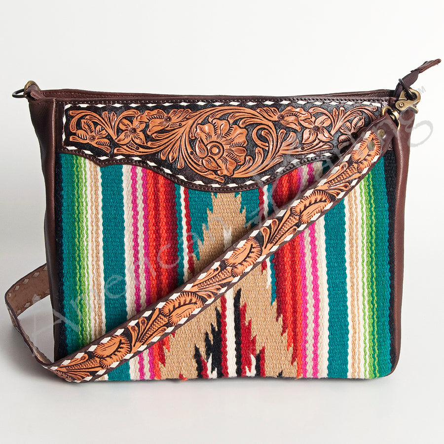 American Darling Women's Hand Tooled Floral Carved Leather Cross body Bag with Hand Woven Saddle Blanket and Buck Stitching