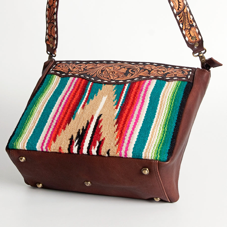 American Darling Women's Hand Tooled Floral Carved Leather Cross body Bag with Hand Woven Saddle Blanket and Buck Stitching