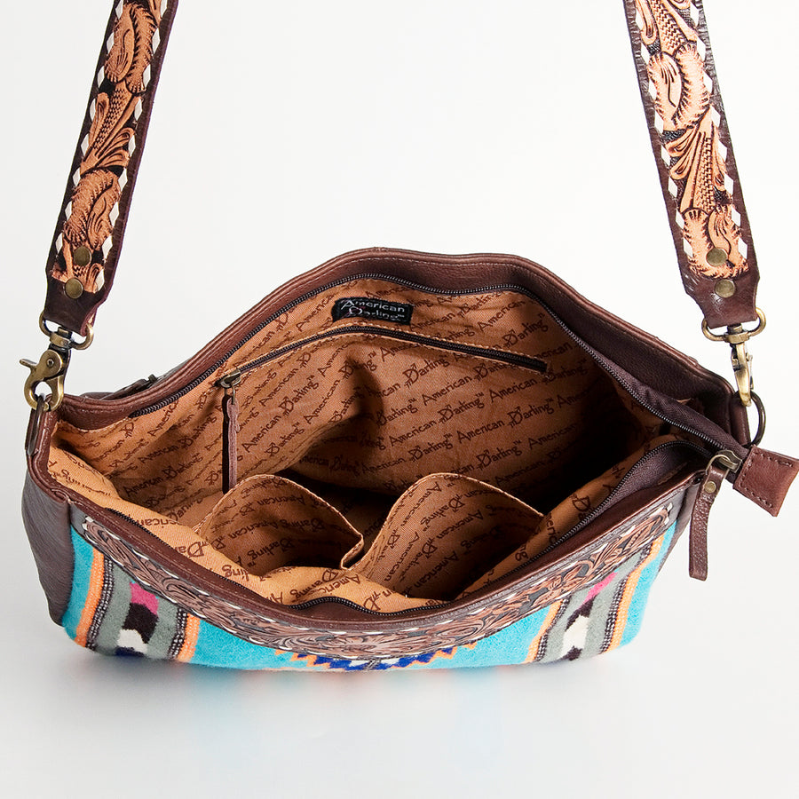 American Darling Women's Hand Tooled Floral Carved Leather Large Cross body Bag with Hand Woven Saddle Blanket and Buck Stitching