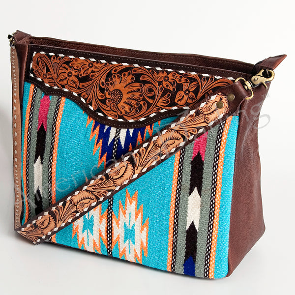 American Darling Hand Tooled Leather Saddle Blanket Large Cross body Bag - Uhorse