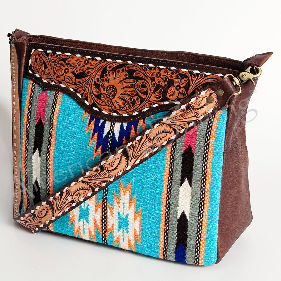 American Darling Hand Tooled Leather Saddle Blanket Large Cross body Bag - Uhorse