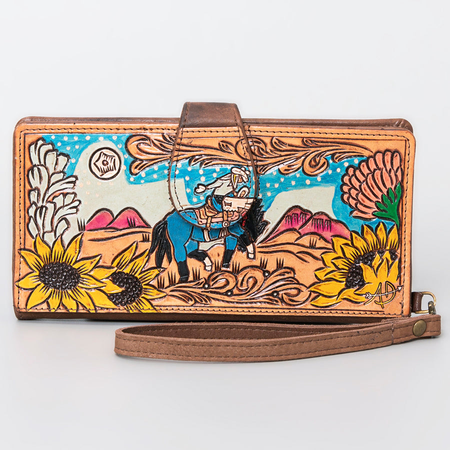 American Darling Wristlet Bag Hand Tooled Floral Carved Vegetable Tanned Western Leather Wallet Purse 4in x 8in