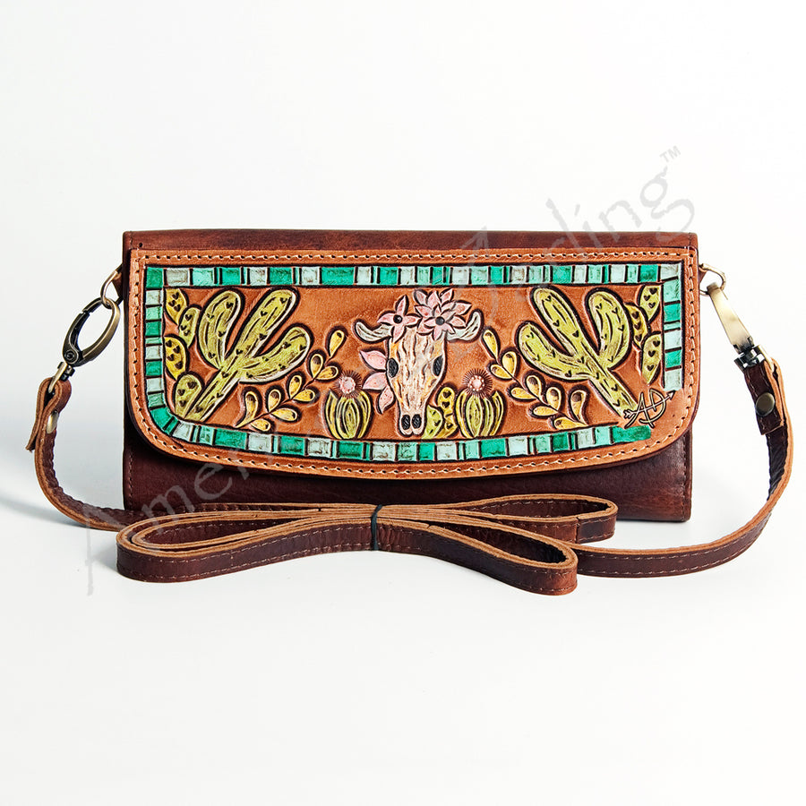 American Darling Wallet Hand Tooled Leather Clutch Vegetable Tanned Western Accessory 4in x 8in