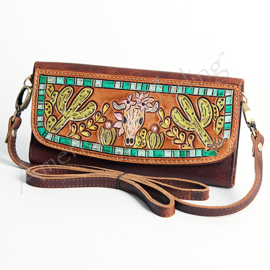 American Darling Hand Tooled Small Cross body Bag - Western Leather Wallet Purse - Uhorse