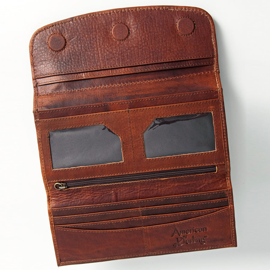 American Darling Wallet Hand Tooled Leather Clutch Vegetable Tanned Western Accessory 4in x 8in