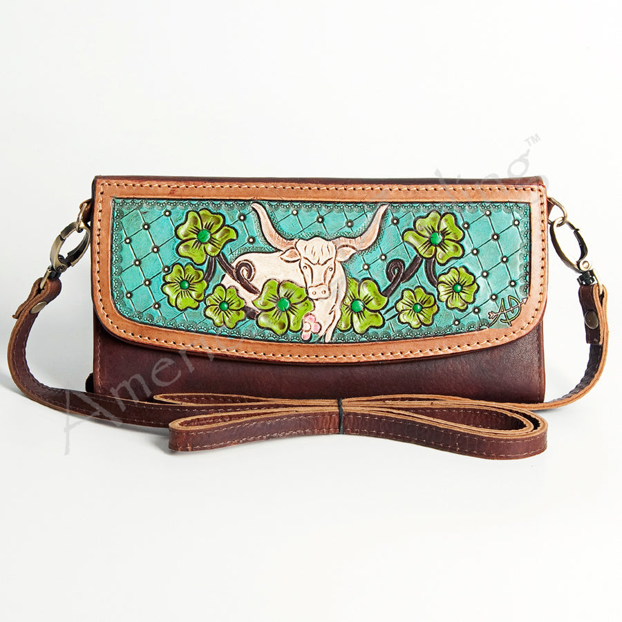 American Darling Wallet Hand Tooled Leather Clutch Vegetable Tanned Western Accessory 4in x 8in