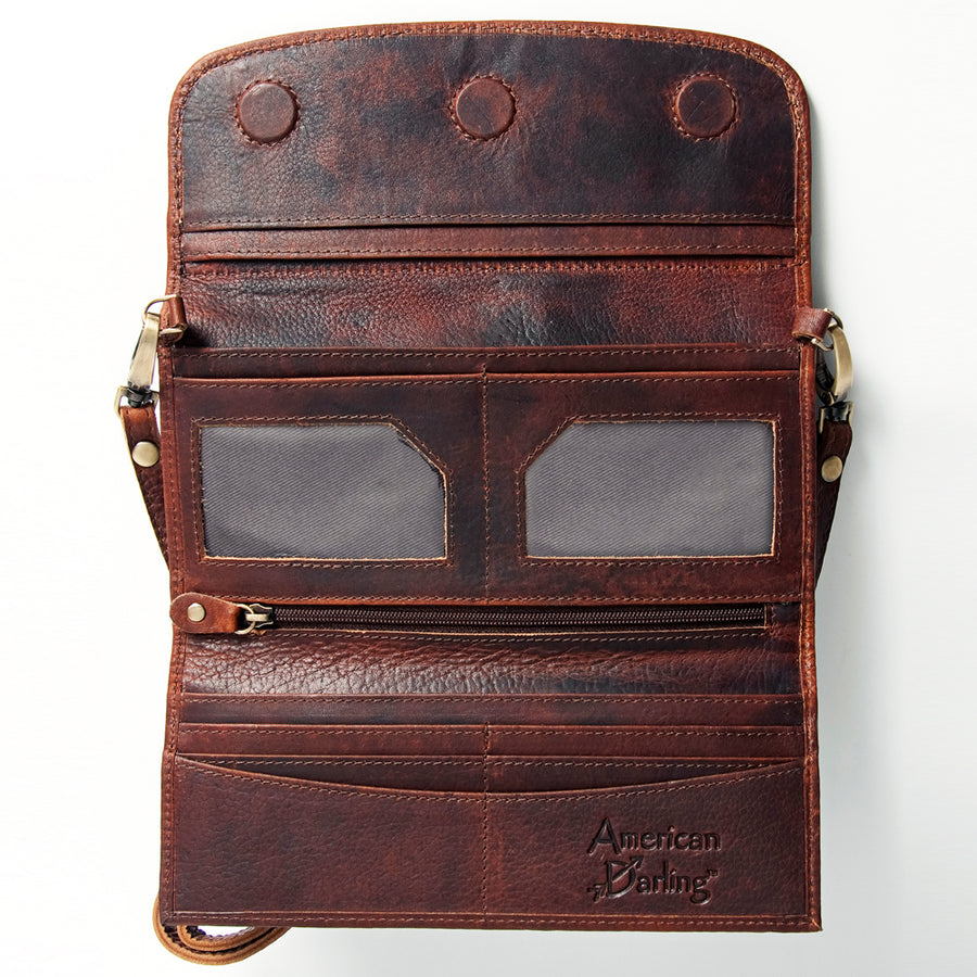 American Darling Wallet Hand Tooled Leather Clutch Vegetable Tanned Western Accessory 4in x 8in