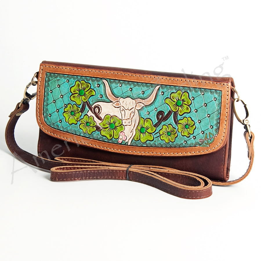 American Darling Hand Tooled Small Cross body Bag - Western Leather Wallet Purse - Uhorse