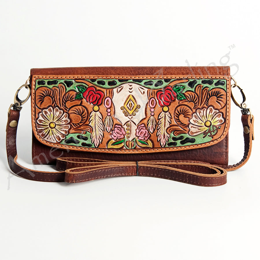 American Darling Wallet Hand Tooled Leather Clutch Vegetable Tanned Western Accessory 4in x 8in