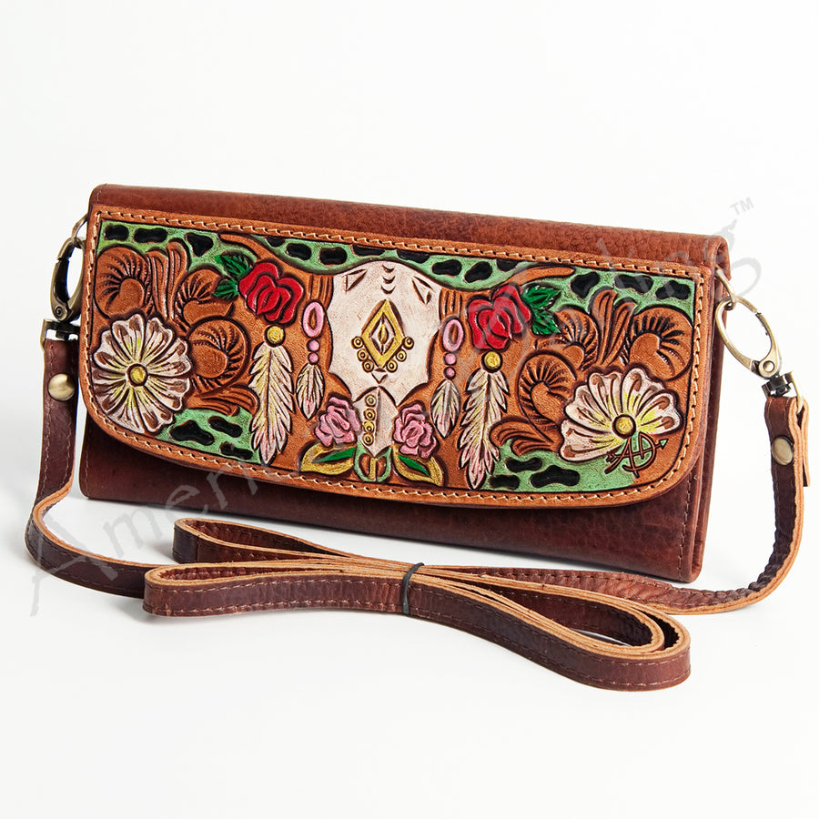 American Darling Hand Tooled Small Cross body Bag - Western Leather Wallet Purse - Uhorse