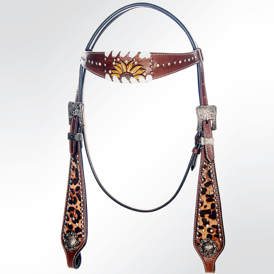 Brown leather western headstall with studded browband - Uhorse