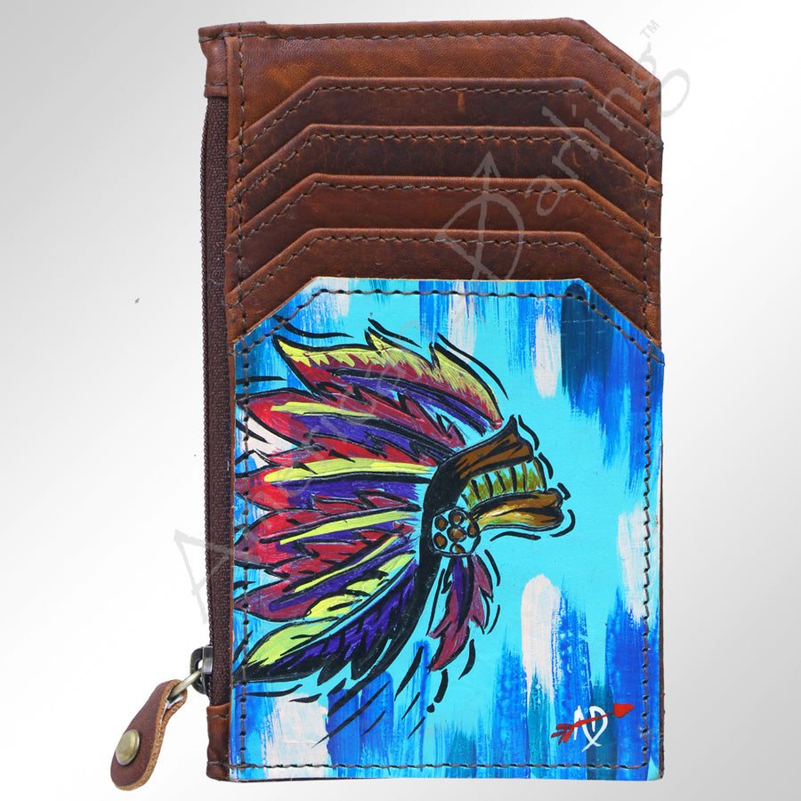Brown leather wallet with colorful feathered headdress design - Uhorse