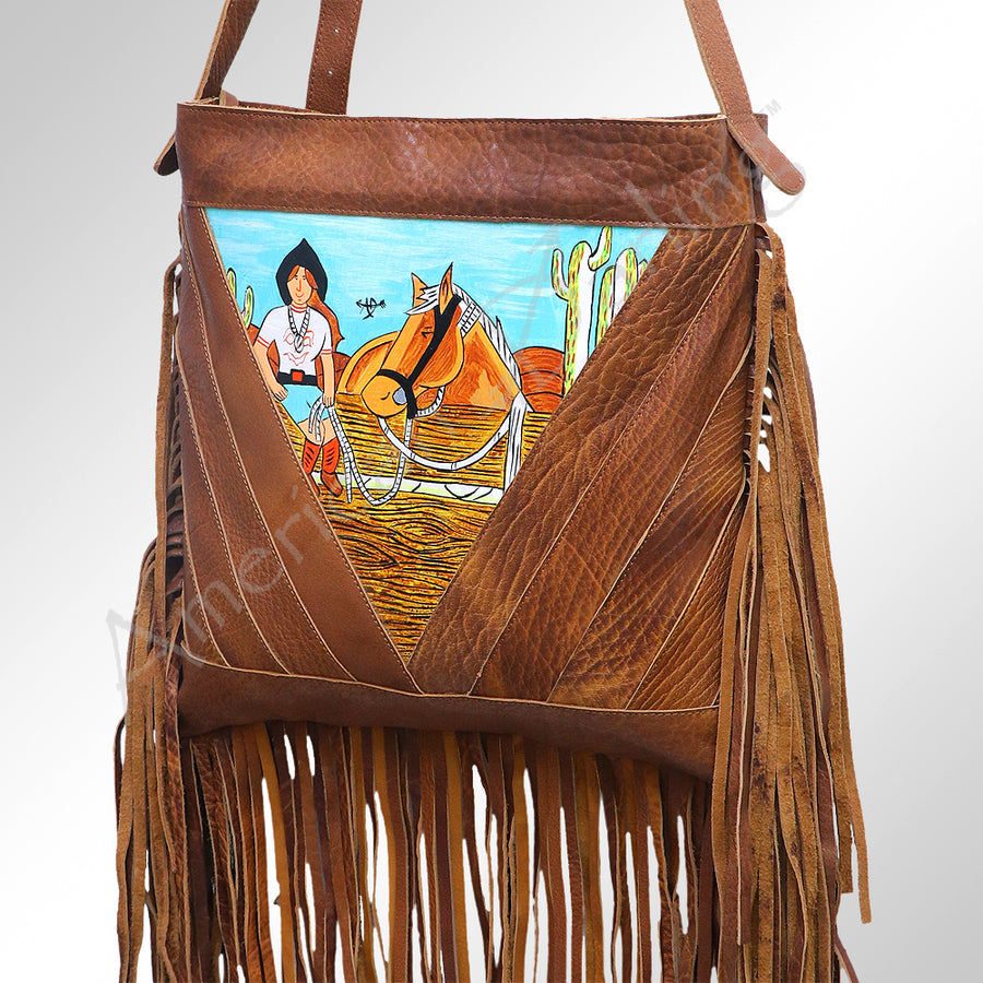 American Darling Hand Painted Western Leather Large Cross body Bag with Fringes - Uhorse