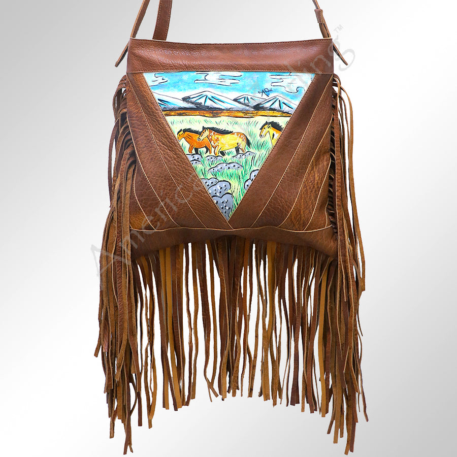American Darling Large Cross body Bag, Hand Painted Western Scene, Fringed Vegetable Tanned Leather, 39in X 38in X 10in