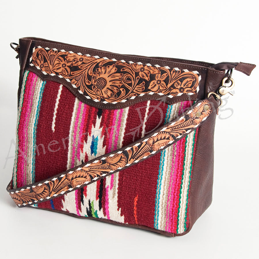 American Darling Hand Tooled Leather Saddle Blanket Large Cross body Bag - Uhorse