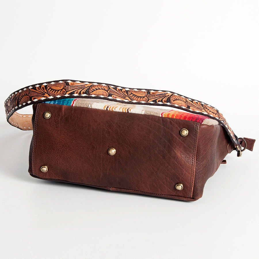 American Darling Women's Hand Tooled Floral Carved Leather Large Cross body Bag with Hand Woven Saddle Blanket and Buck Stitching