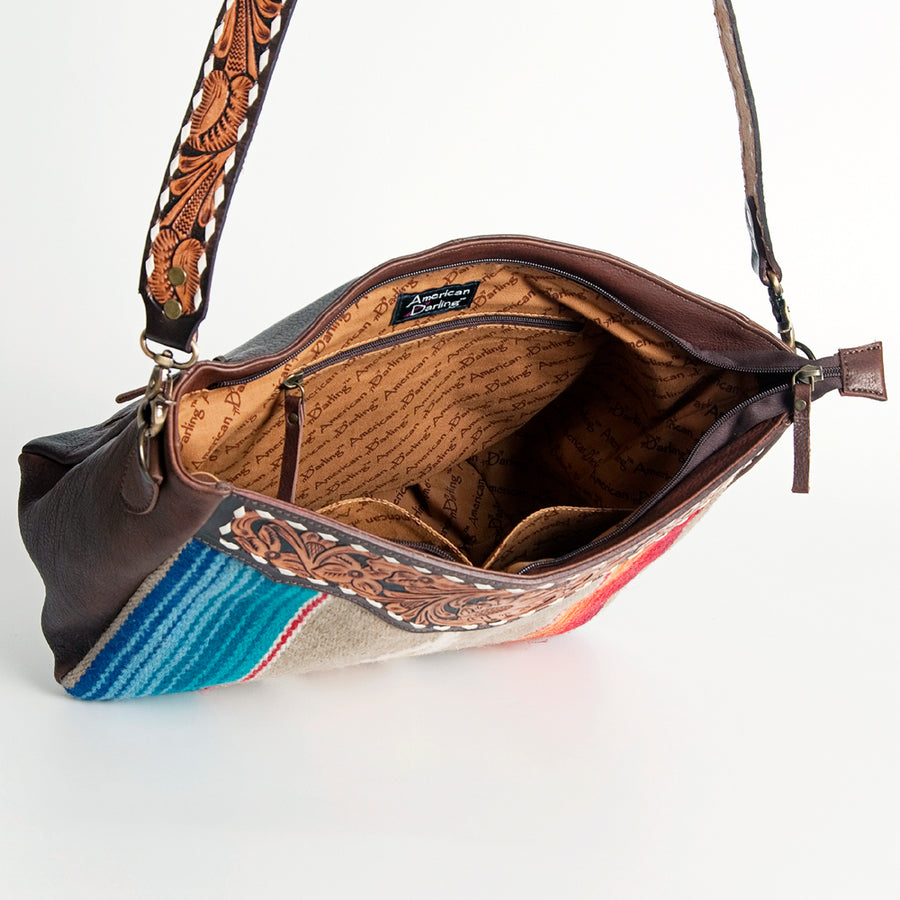 American Darling Women's Hand Tooled Floral Carved Leather Large Cross body Bag with Hand Woven Saddle Blanket and Buck Stitching