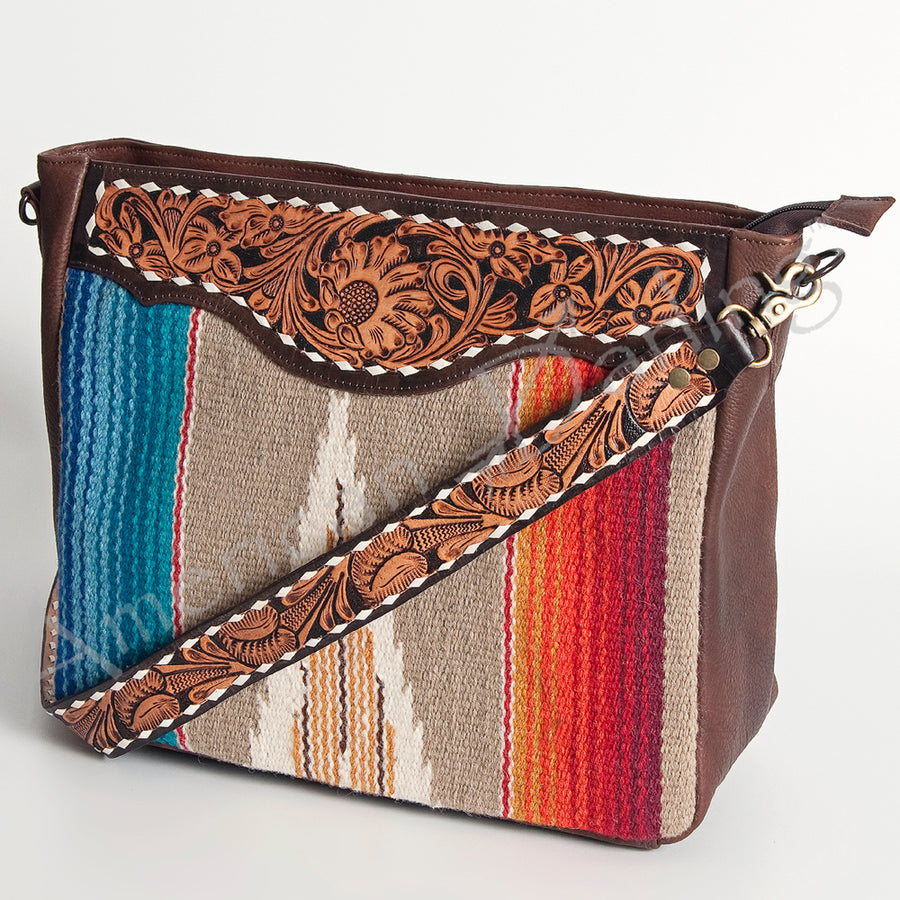 American Darling Hand Tooled Leather Saddle Blanket Large Cross body Bag - Uhorse