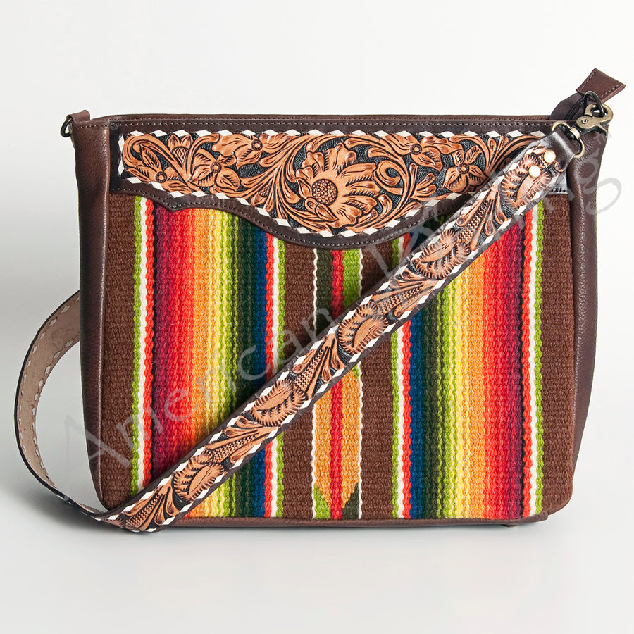 American Darling Women's Hand Tooled Floral Carved Leather Cross body Bag with Hand Woven Saddle Blanket and Buck Stitching