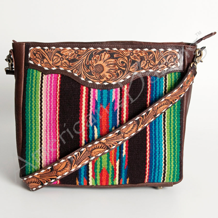 American Darling Women's Hand Tooled Floral Carved Leather Large Cross body Bag with Hand Woven Saddle Blanket and Buck Stitching