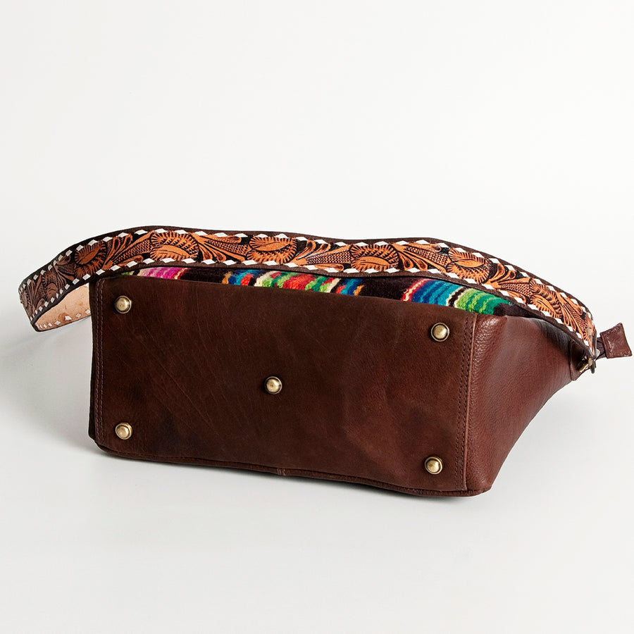 American Darling Women's Hand Tooled Floral Carved Leather Large Cross body Bag with Hand Woven Saddle Blanket and Buck Stitching