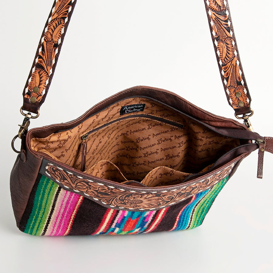 American Darling Women's Hand Tooled Floral Carved Leather Large Cross body Bag with Hand Woven Saddle Blanket and Buck Stitching