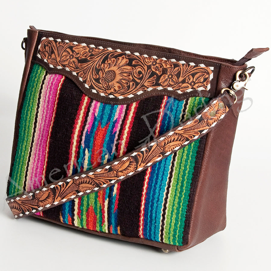 American Darling Hand Tooled Leather Saddle Blanket Large Cross body Bag - Uhorse