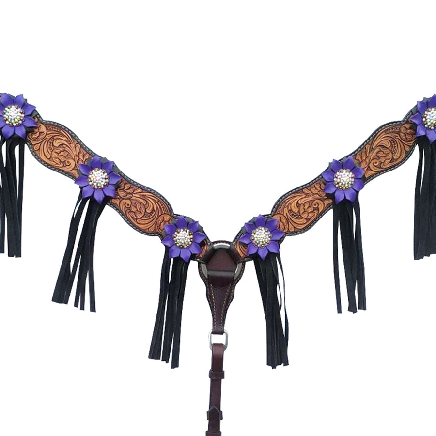 Purple flower leather breast collar with fringe - Uhorse