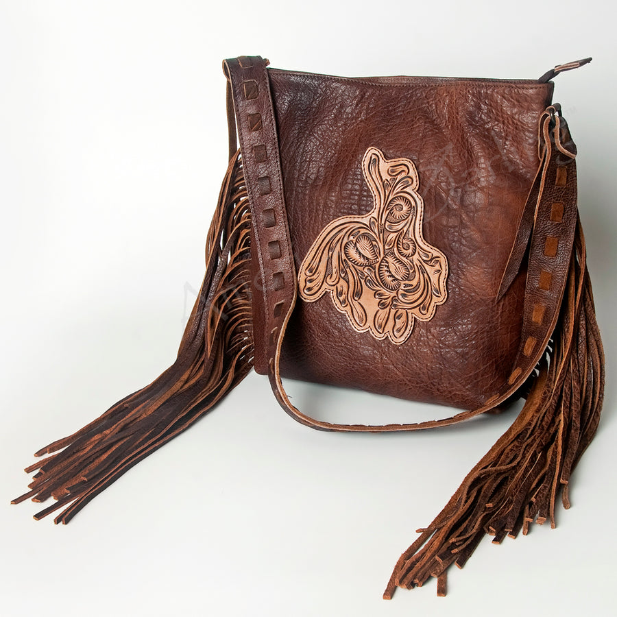 American Darling Hand Tooled Leather Large Cross body Bag Western Fringed Handbag - Uhorse