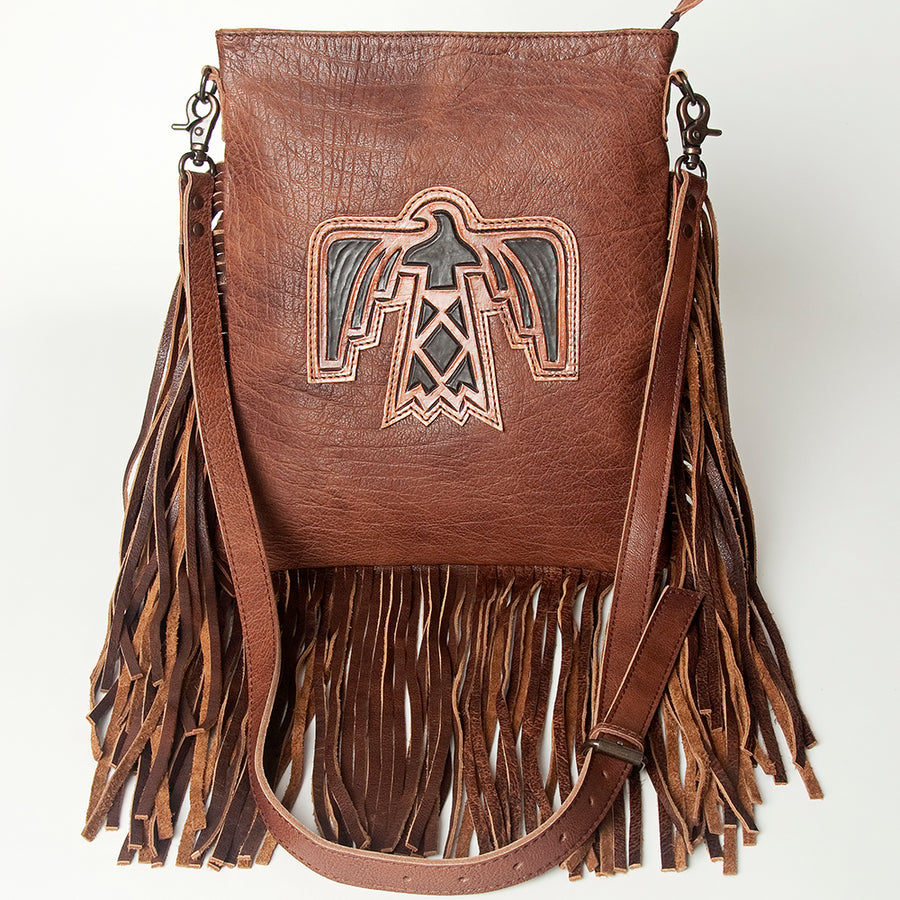 American Darling Large Cross body Bag, Hand Tooled Vegetable-Tanned Leather, Western Fringed Handcrafted Crossbody Purse