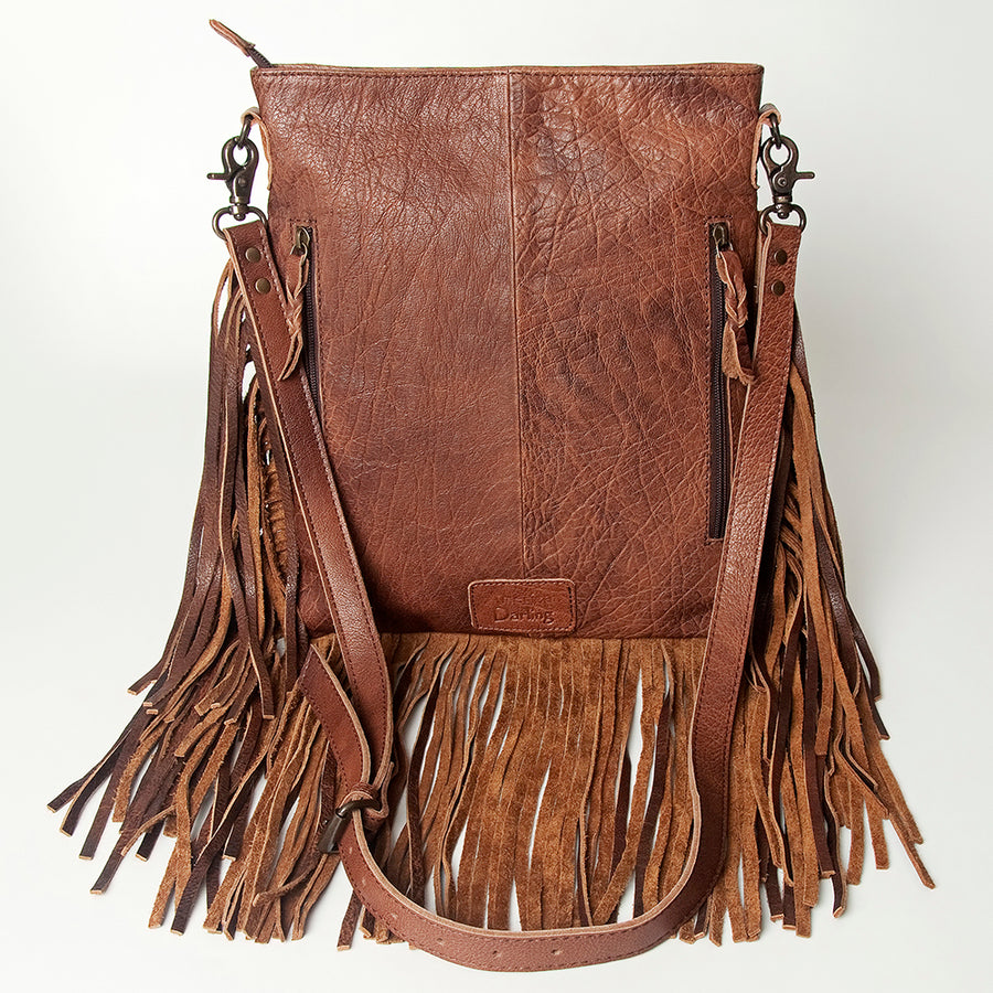 American Darling Large Cross body Bag, Hand Tooled Vegetable-Tanned Leather, Western Fringed Handcrafted Crossbody Purse