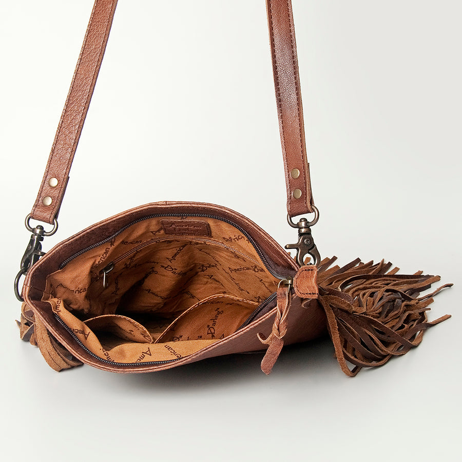 American Darling Large Cross body Bag, Hand Tooled Vegetable-Tanned Leather, Western Fringed Handcrafted Crossbody Purse