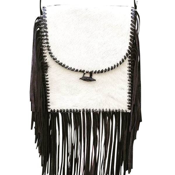 HILASON Western Genuine Leather Hairon Crossbody Bag With 12" Fringes White - Uhorse