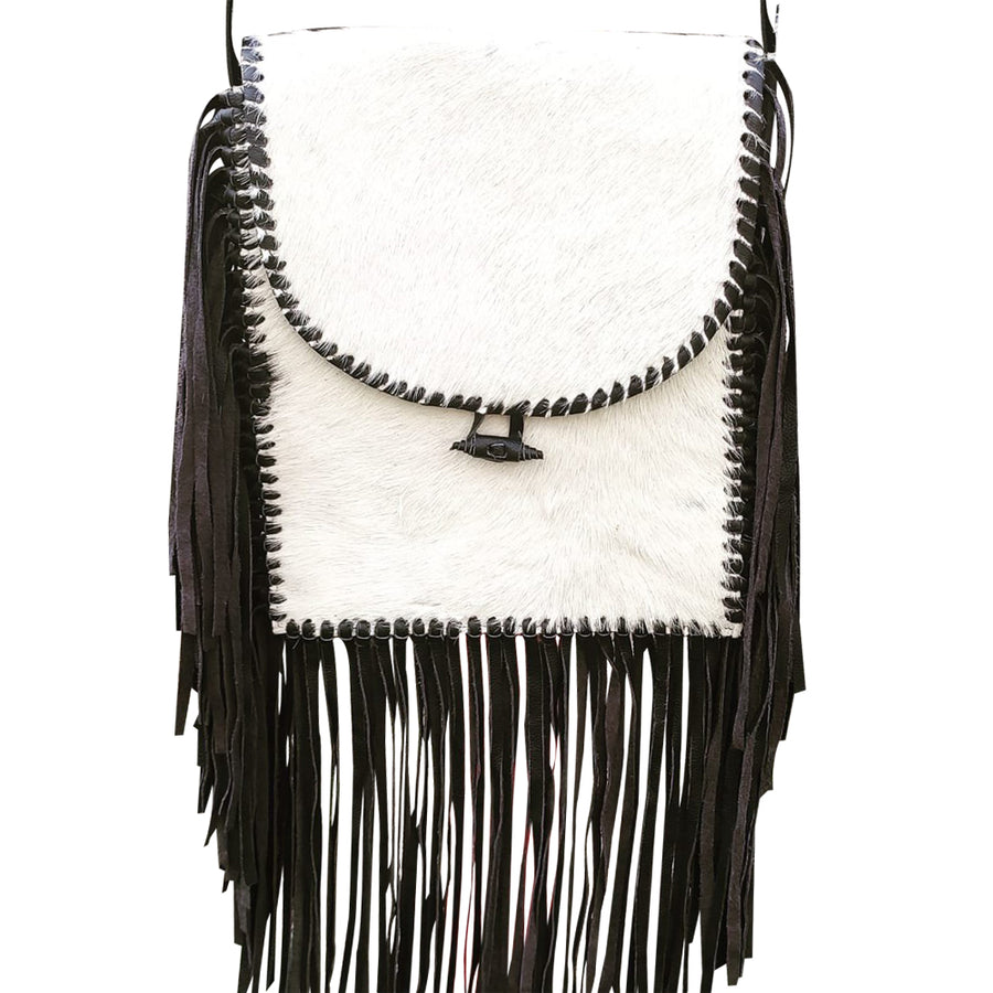 HILASON Western Genuine Leather Hairon Crossbody Bag With 12" Fringes White - Uhorse