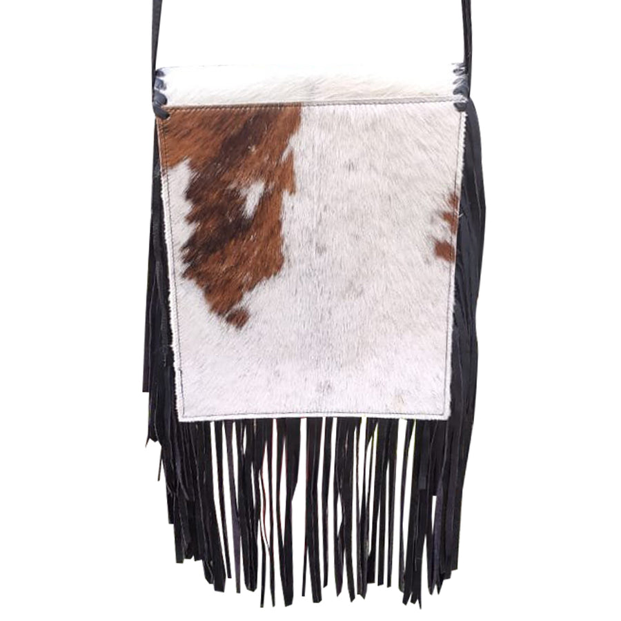 HILASON Western Genuine Leather Hairon Crossbody Bag With 12" Fringes White