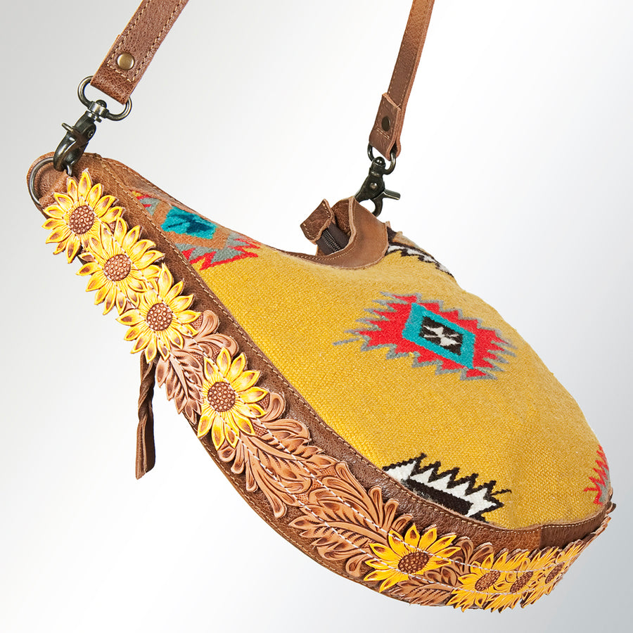 American Darling Hobo Bag, Hand Tooled Floral Carved Vegetable-Tanned Leather, Hand Woven Saddle Blanket Western Shoulder Bag