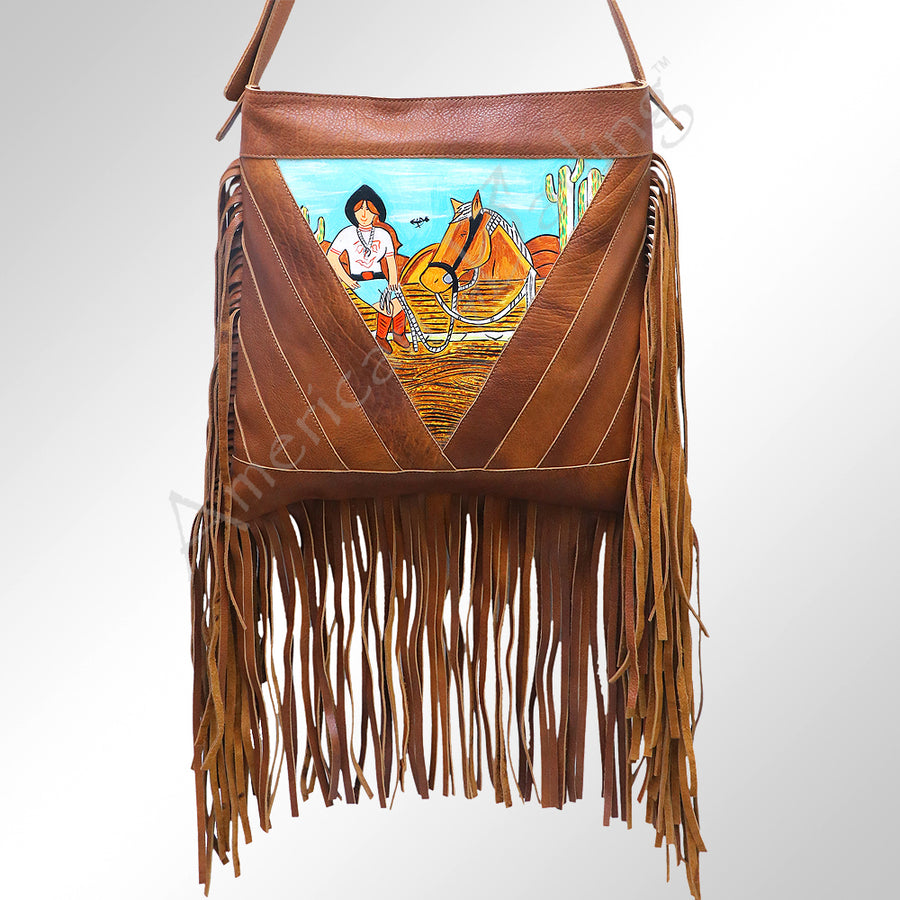 American Darling Large Cross body Bag, Hand Painted Western Scene, Fringed Vegetable Tanned Leather, 39in X 38in X 10in