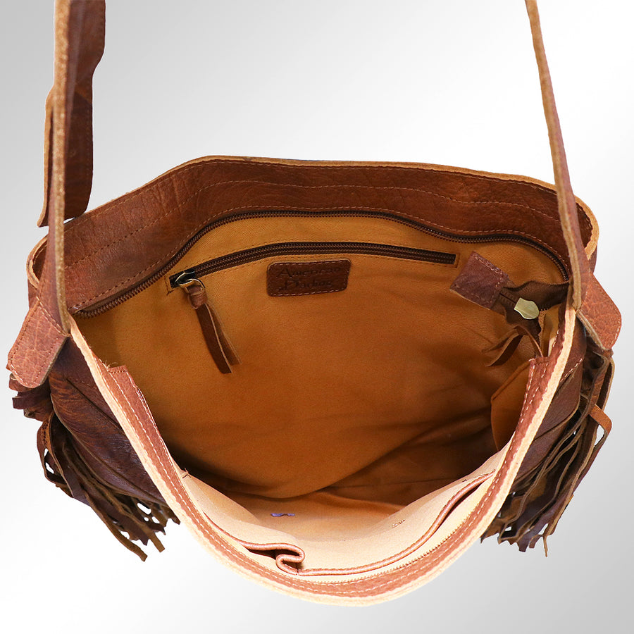 American Darling Large Cross body Bag, Hand Painted Western Scene, Fringed Vegetable Tanned Leather, 39in X 38in X 10in