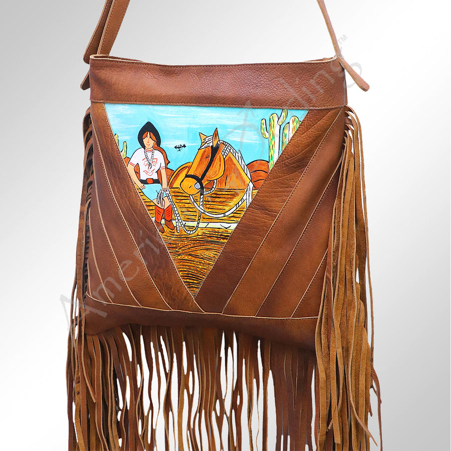 American Darling Hand Painted Western Leather Large Cross body Bag with Fringes - Uhorse