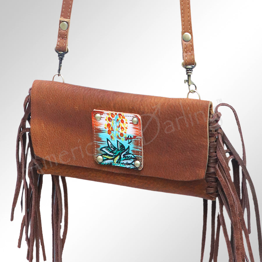 Brown leather shoulder bag with fringe and decorative clasp - Uhorse