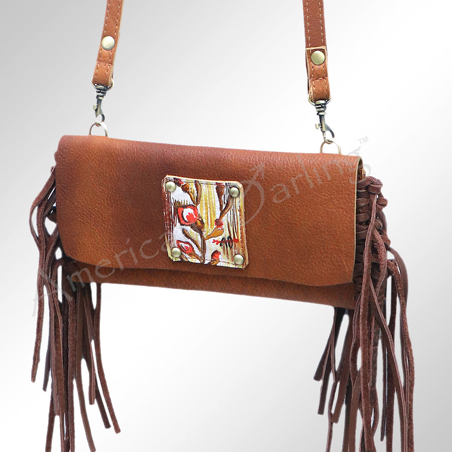 American Darling Small Cross body Bag, Hand Painted Western Leather with Fringes, Genuine Full Grain Leather, 21in X 11in X 5in