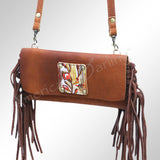 American Darling Small Cross body Bag, Hand Painted Western Leather with Fringes, Genuine Full Grain Leather, 21in X 11in X 5in